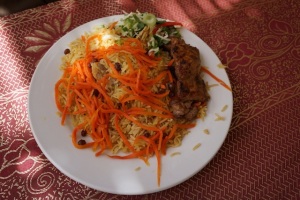 Lunch - the most famous Afghan dish of lamb, rice, raisins and carrots.